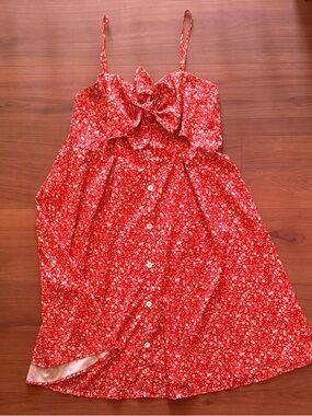 NWOT Red Floral Faux Button-Front Maternity Sundress with Front Bow